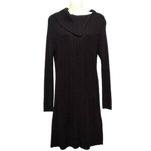 Calvin Klein Split‎ Collar Long Sleeve Ribbed Sweater Dress,Black, Size L